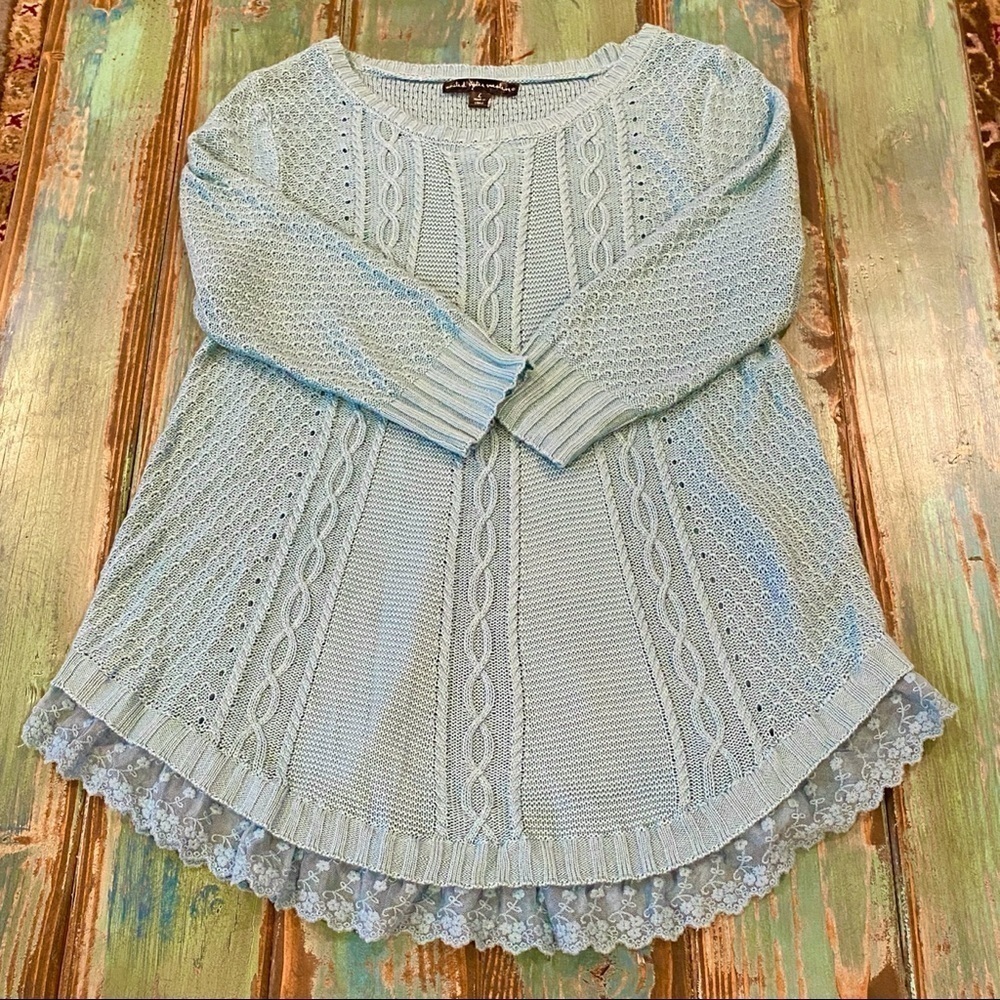United States Sweaters Cable Knit Lace Sweater Sea Foam Green Coastal Grandma Lg - Picture 9 of 10
